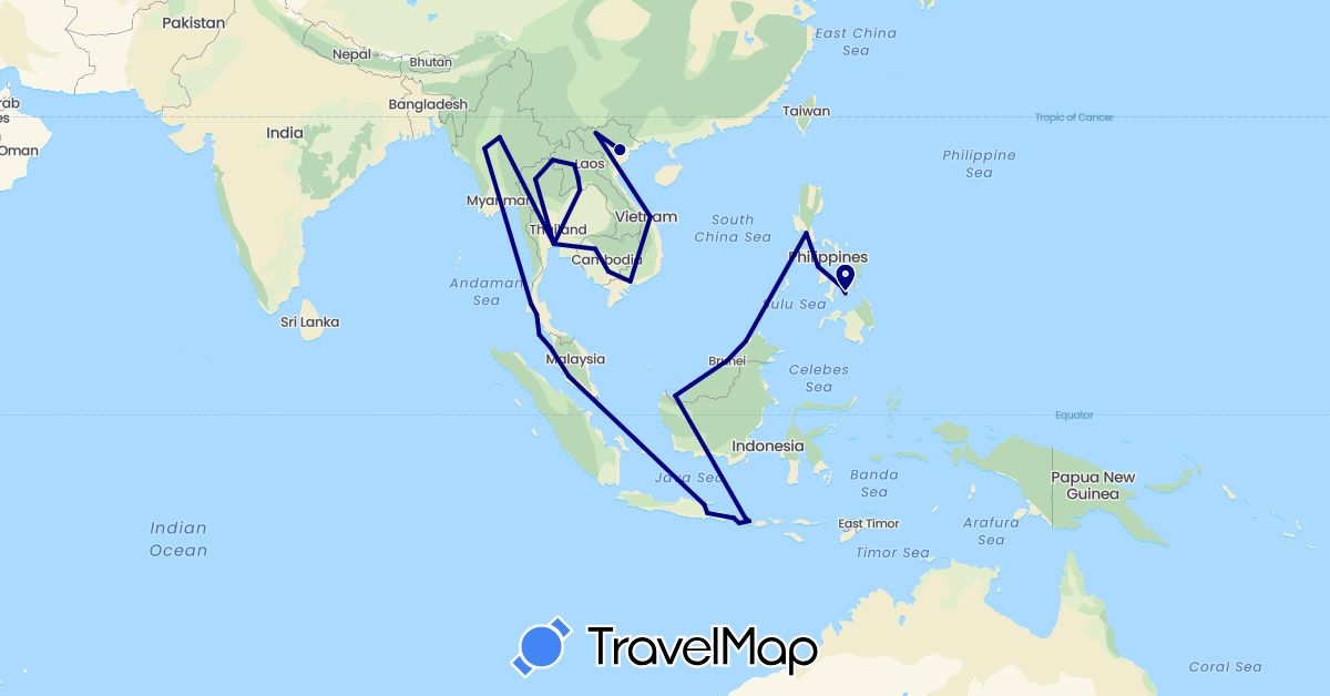 TravelMap itinerary: driving in Brunei, Indonesia, Cambodia, Laos, Myanmar (Burma), Malaysia, Philippines, Thailand, Vietnam (Asia)